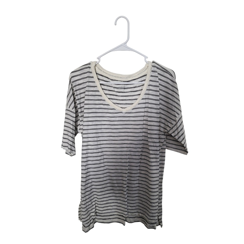 Talbots Striped T-Shirt Womens XL White Black V-Neck Cotton Modal Crochet Trim